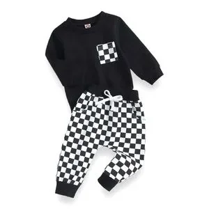 Toddler Baby Long Sleeve Sweatshirt Pants Sweatsuit Set Checkered Plaid Outfit
